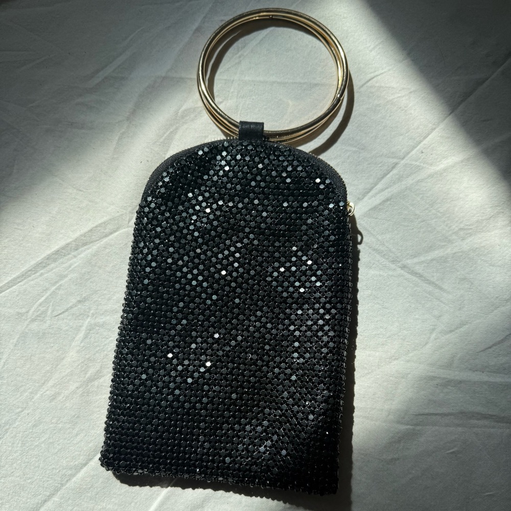 Black Crystal Wristlet Clutch with Gold Ring Handle